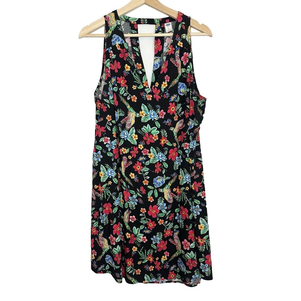 Old Navy Women's LARGE Tropical Bird Floral Print Sleeveless Shift Dress Resort